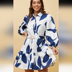 2X Elegant Blue and White Women's Dress